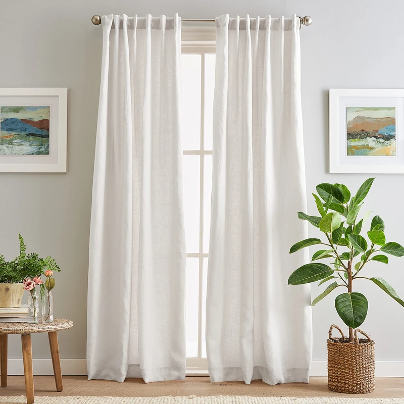 Peri Home 100% Linen Back Tab Lined Curtain, 84" Panel Pair, White - Image 1
