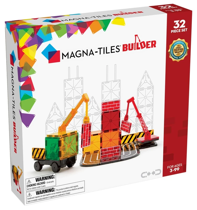 Magna-Tiles Builder 32 Piece Set, The Original Magnetic Building Tiles For Creative Open-Ended Play, Educational Toys For Children Ages 3 Years + (32 Pieces) (21632), Clear Colors