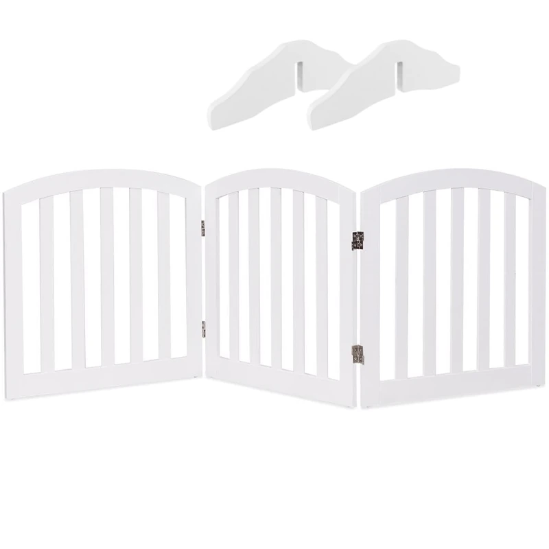 GYMAX Foldable Pet Fence, Freestanding Dog Gate with Wooden Frame and Metal Hinges, Safety Indoor Barrier for Kitchen, Doorway and Stairs