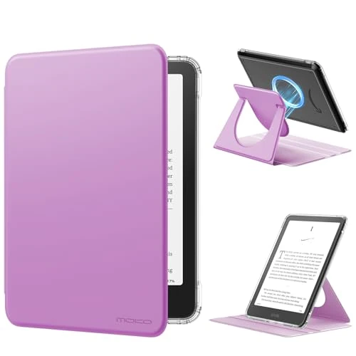 MoKo 360° Rotating Case for 7" Kindle Paperwhite 12th Generation 2024 & Kindle Colorsoft 2024/2025,Clear Back Detachable Magnetic Protective Adjustable Stand Cover with Auto Wake/Sleep,Lavender Purple - Image 1