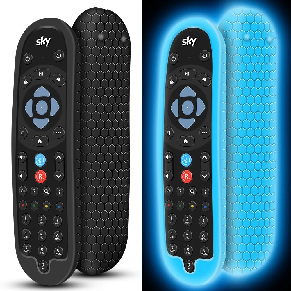 2 Pack Cover for SKY Q Bluetooth Remote Control EC201 EC202 2020,Protective Silicone Case SKY Q New Remote Controller Sleeve Skin Holder Battery Back Protector Replacement (Black+Glow Blue)