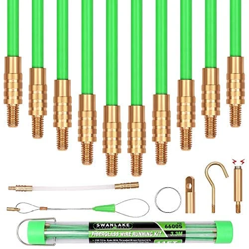 通用 11ft (3.3m) Fibreglass Electrical Fish Tape Kit - 16 Pieces Including 10 x 330mm Rods with Brass Connectors and Magnetic Tip - Ideal for Running Cable through Walls, Attics, and More
