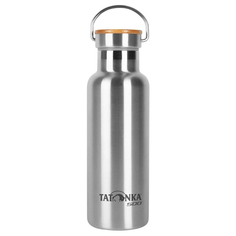 Tatonka Stainless Steel Drinking Bottle Hot + Cold Stuff Bamboo Lid 500 ml - Unbreakable Insulated Bottle with Bamboo Lid - Dishwasher Safe and BPA-Free - 0.5 L