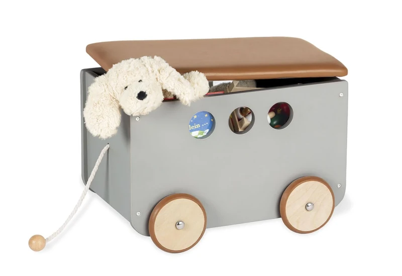 PINOLINO Jim Toy Box Wood and Faux Leather with Pull Cord, Rubberised Wooden Wheels and Removable Lid, Grey Painted/Faux Leather Brown