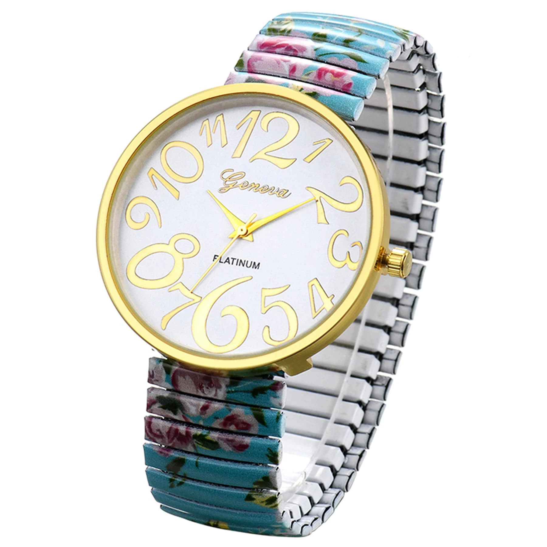 JewelryWe Women's Big Dial Easy Reader Watch Floral Elastic Stretch Band Wristwatch, for Xmas Christmas