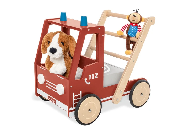 PINOLINO Fred Walker with Brake System, Rubberised Wooden Wheels and Removable Box, Painted Red