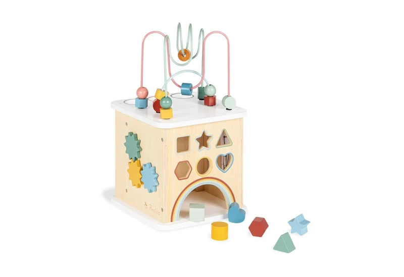 Pinolino Sanna Wooden Motor Skills Cubes 10 Pieces with 3 Balls, 6 Plug-in Blocks, Motor Skills Loop, FSC® Certified (FSC-C120795), Colourful Varnished