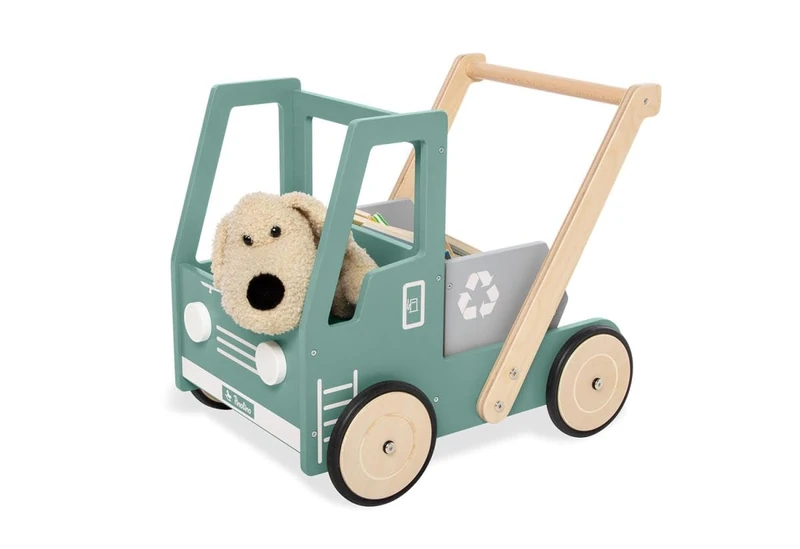 Pinolino Fred Wooden Dumper Truck with Brake System Rubberised Wooden Wheels and Tilting Trough, Green and Colourful Varnish