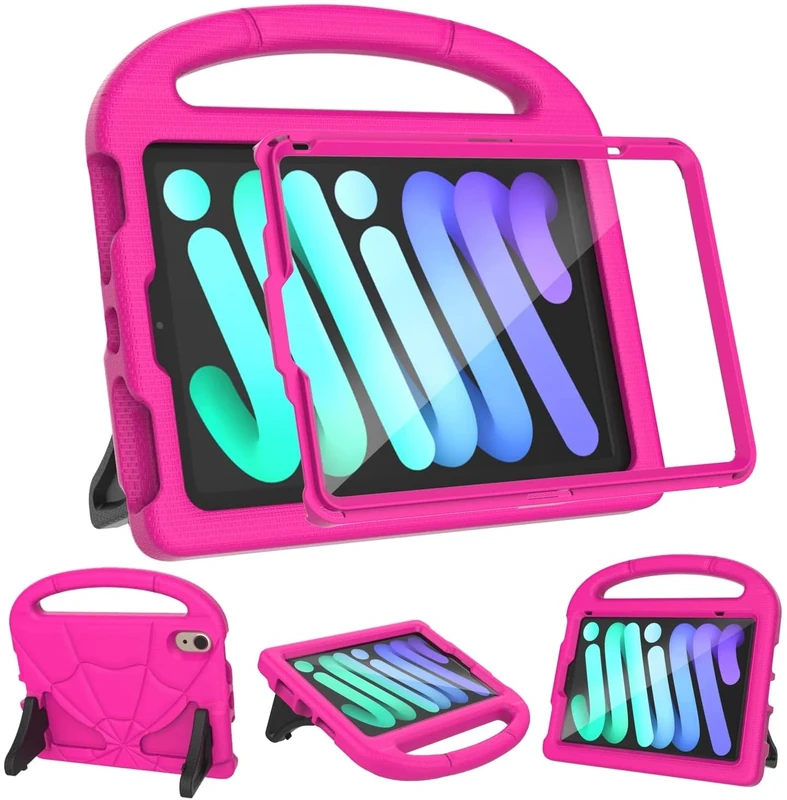 2024 Newest iPad Mini 7(A17 Pro)& iPad Mini 6 (A15) 2021Tablet Case for Kids (7th/6th Generation),Lightweight Shockproof Kid-Proof Cover Built-in Screen Protector with Handle Stand Tablet Case - Pink