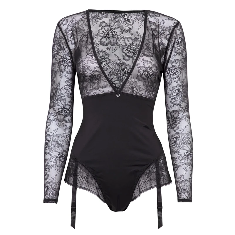 Lovehoney Lingerie Hourglass Black Sheer Floral Mesh Smoothing Long Sleeve Body - Size 14-16