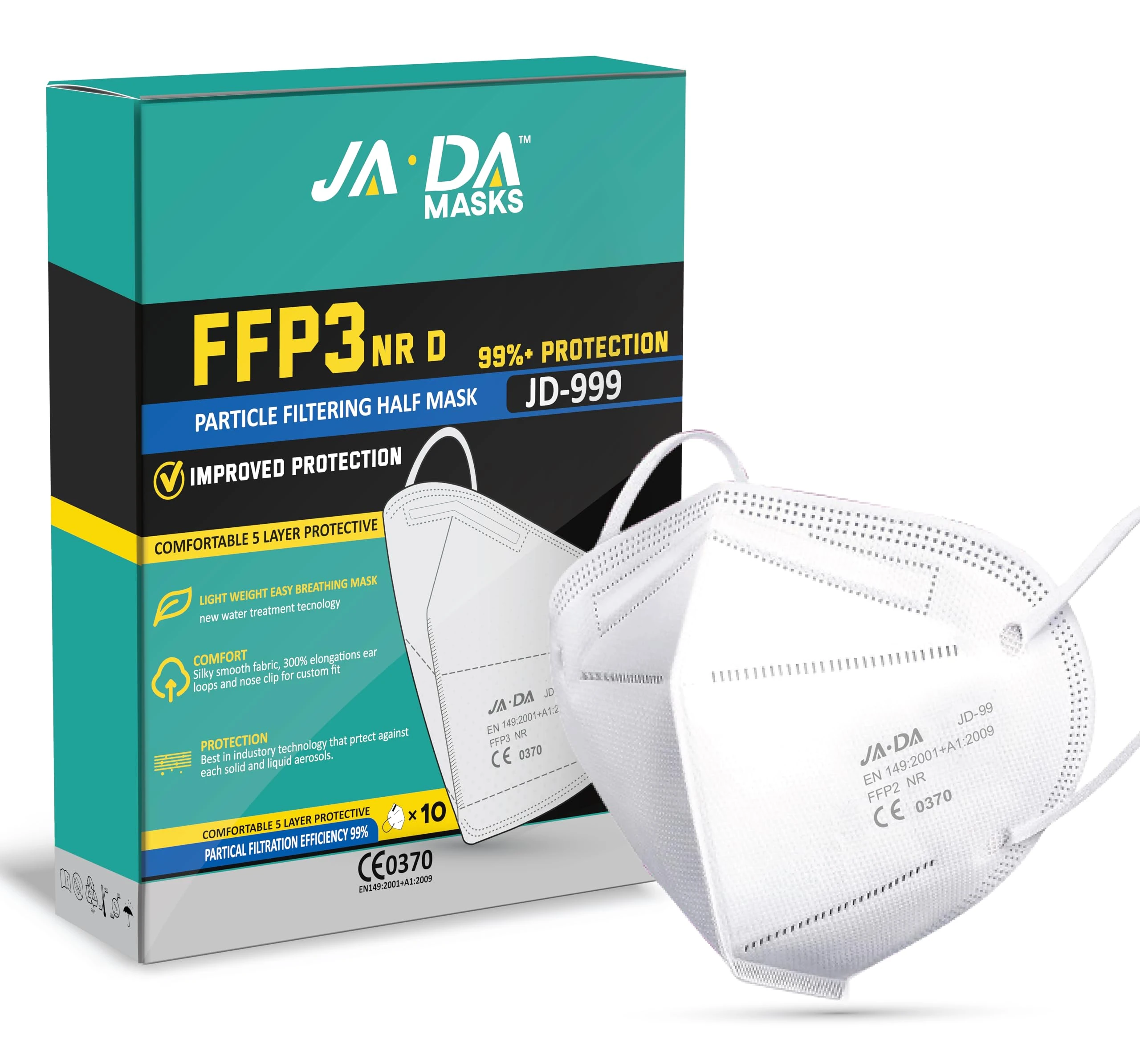 FFP3 Masks Pack of 10 With >99% Filtration Efficiency - Disposable Face Mask UK - Soft And Secure Fit (Packaging may vary)