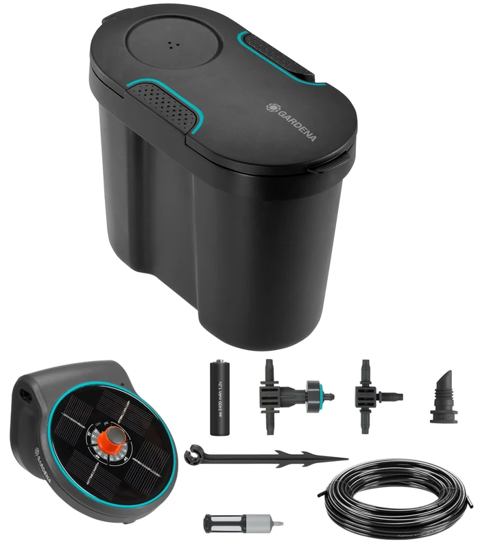 Gardena solar-powered AquaBloom irrigation set with water tank: Solar-powered irrigation set for up to 20 potted plants, control unit with 14 irrigation programmes (13301-20)