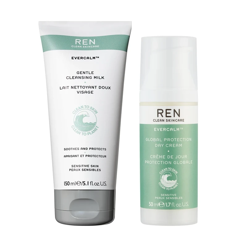 REN Clean Skincare Evercalm Cleanse and Protect Cream and Milk Duo - Ultra-Gentle Cleanser and a Soothing Day Cream - Combat Redness and Dryness