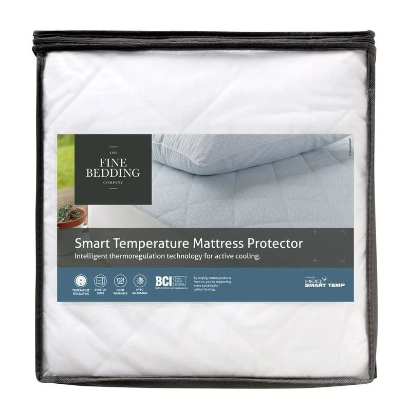 The Fine Bedding Company Smart Temperature Mattress Protector – Single Bed Mattress Cover with Activated Cooling Cotton, HeiQ Smart Temp Technology, Washable Bed Protector – Single