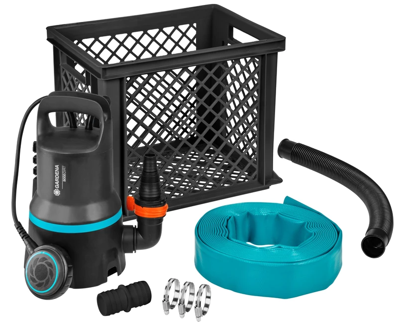 Gardena 9000 Flood Control Kit: Submersible Pump Flow 9000 L/H, Automatic Operation, Particulate Filter up to 25 mm, with Hose Connection and Storage Box, 300 W (9041-20)