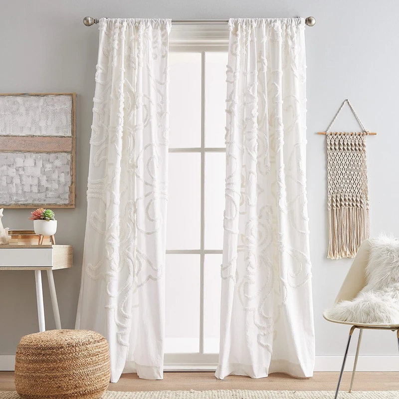 Peri Home Gates Tufted Chenille Rod Pocket Window Curtain Panel Pair, 95", White