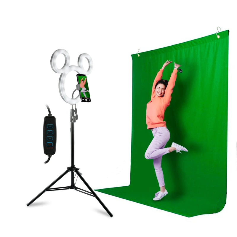 Disney Mickey Mouse Photo Studio Creator Selfie Ring Light with Tripod Stand Green Screen Kit Including Green Screen Photo Background and Bluetooth Remote Shutter Ultimate Tiktok/YouTube Starter Set