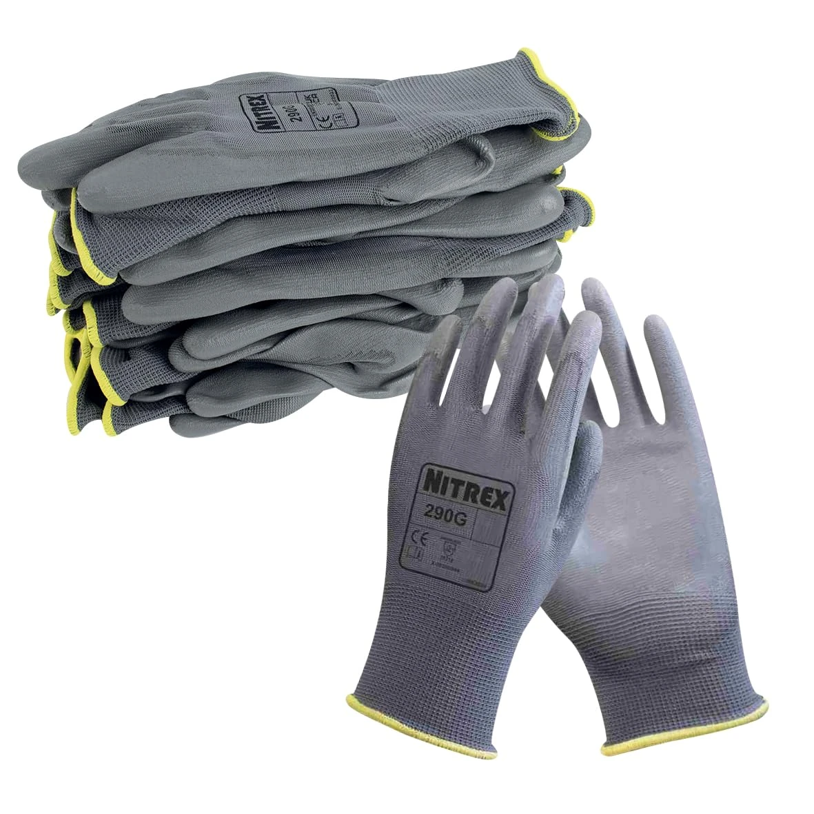 NITREX 290G Work and Safety Gloves, 10 Pairs of Black General Handling Gloves with PU Palm Coating, Size 8, Medium