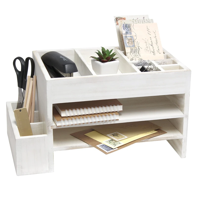Elegant Designs Home Office Tiered Organizer with Storage Cubbies and Letter Tray Desk-Caddies, White Wash - Image 1