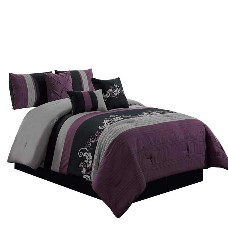 Chezmoi Collection Napa Comforter Set, Polyester, Purple/Black/Gray, King