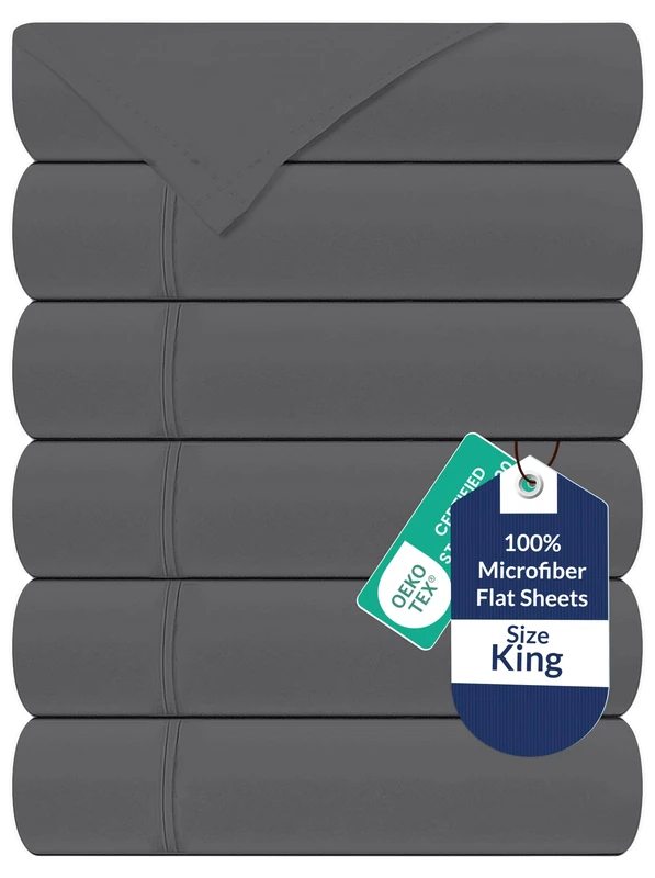 Royale Linens 6 Pack Bulk Flat Sheet Set - Top Sheets - Soft 1800 Microfiber - Wrinkle & Stain Resistant - for Hotel, Massage Table, Hospital, Dorm - King Flat Sheet Sold Separately (King, Grey)