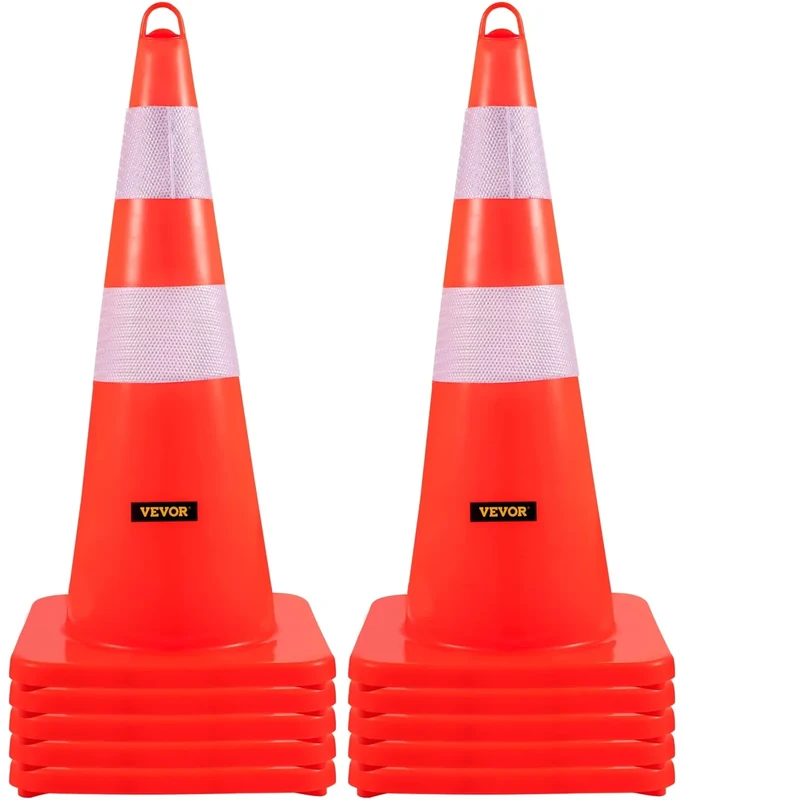 VEVOR Safety Cones, 10PCS 28" Traffic Cones, PVC Orange Construction Cones, 2 Reflective Collars Traffic Cones with Weighted Base and Hand-Held Ring Used for Traffic Control, Driveway Road Parking