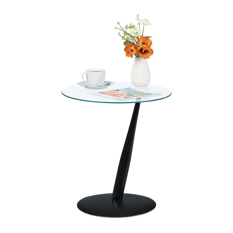 Relaxdays Side Table, Round Coffee, H x W x D: approx. 49 x 45 x 45 cm, Glass and Steel, Black
