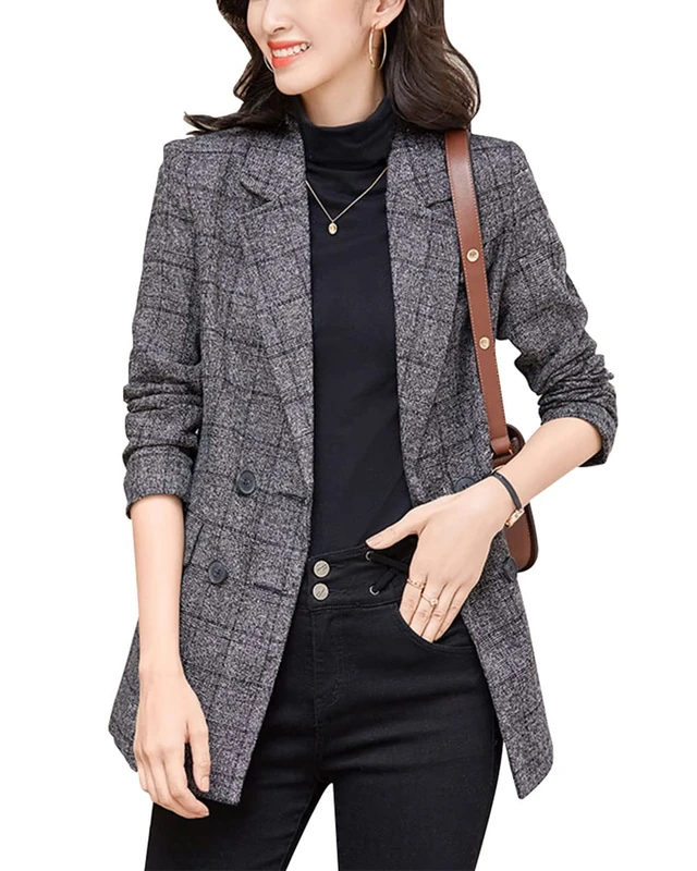 ebossy Women's Notch Lapel 2 Button Boyfriend Blazer Suit Houndstooth Plaid Jacket Coat, Y-Dark Grey, XS