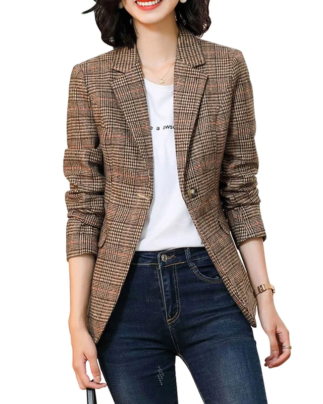 ebossy Women's Notch Lapel 2 Button Boyfriend Blazer Suit Houndstooth Plaid Jacket Coat, X-Brown, L