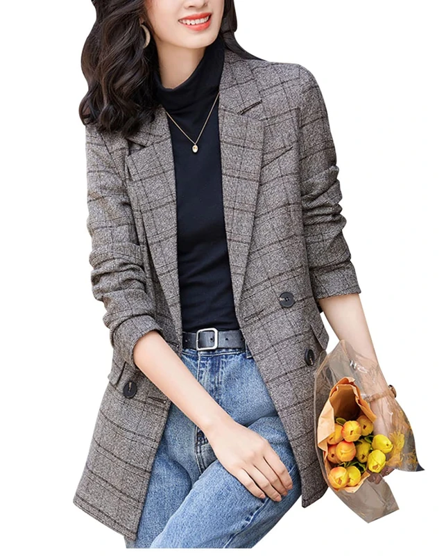ebossy Women's Notch Lapel 2 Button Boyfriend Blazer Suit Houndstooth Plaid Jacket Coat, Y-Coffee, XL