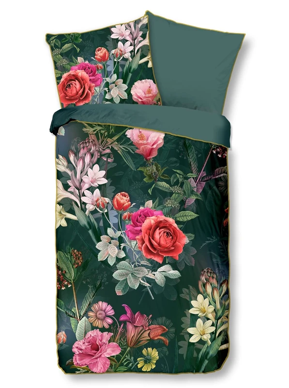 Descanso Simone Organic Cotton Satin Bed Linen 135 x 200 cm + 1-80 x 80 cm with Flowers Motif - Image 1