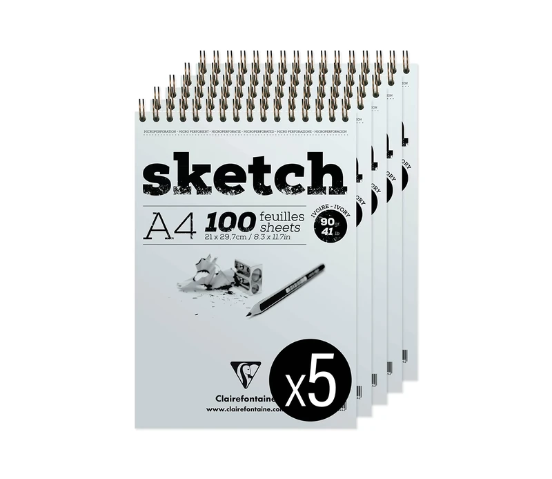 Clairefontaine 96644C - Spiral-bound sketch pad - 100 sheets of very lightly grained ivory drawing paper - Detachable sheets - A4 21x29.7 cm 90g - Pack of 5