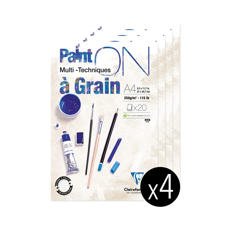 Clairefontaine 975049Cpack - PaintON Multi-technique Glued Pad - 20 Sheets of Multi-technique Drawing Paper with a Pronounced Grain - White - A4 21x29.7 cm 250g - Pack of 4 Pads