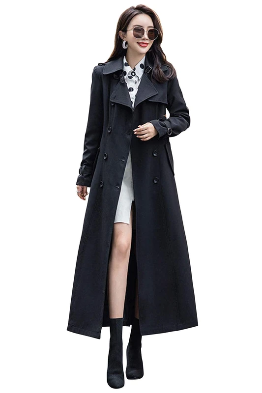 ebossy Women's Double Breasted Duster Trench Coat Slim Full Length Maxi Long Overcoat, Black, XXL