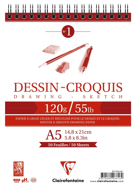 Clairefontaine 96616C Bloc Spiralé en-tête Papier Dessin Croquis - 50 Feuilles Papier Dessin au Grain Très Léger - A5 14,8x21 cm 120g - Paquet de 5 blocs