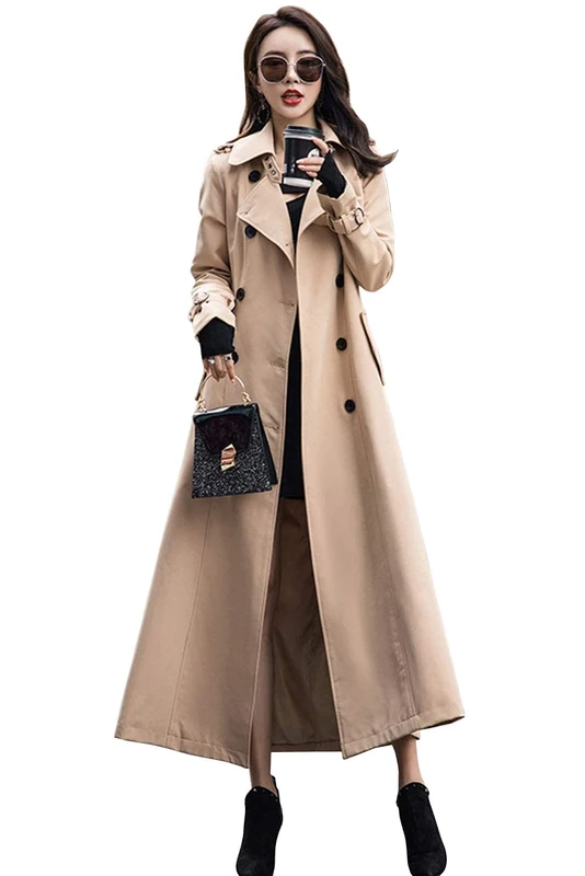 ebossy Women's Double Breasted Duster Trench Coat Slim Full Length Maxi Long Overcoat, Khaki, XL