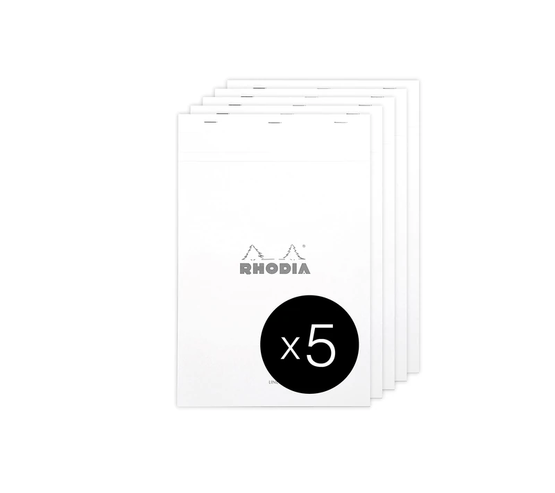 RHODIA 19601C - Stapled Notepad N°19 White - A4+ - Ruled - 80 Detachable Sheets - White Clairefontaine Paper 80 g/m² - Coated Card Cover - Pack of 5 pads