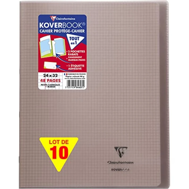 Clairefontaine 984607C A Pack of 10 Stapled Notebooks Koverbook Grey - 24x32 cm - 48 Pages Small Squares with Margin - White Paper 90 g - Polypro Cover
