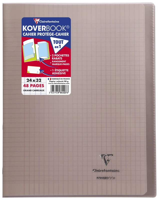 Clairefontaine 984407C - One Pack of 10 Stapled Notebooks Koverbook Grey - Dimensions: 24x32 cm - 48 Seyes Ruled Pages - White Paper 90 g - Polypro Cover