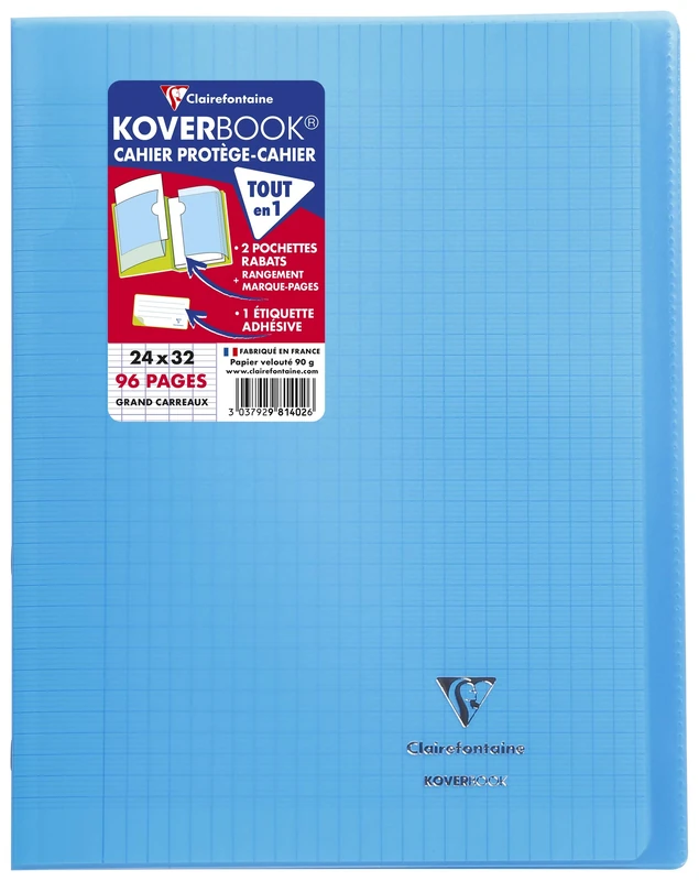 Clairefontaine 981402C - One Set of 10 Blue Koverbook Stapled Notebooks - Dimensions: 24x32 cm - 96 Seyes Ruled Pages - White Paper 90 g - Polypro Cover