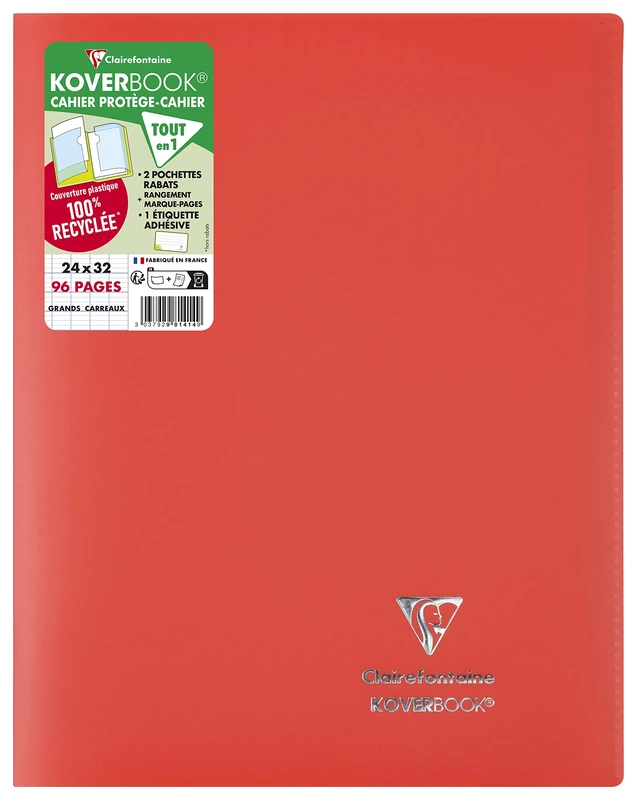 Clairefontaine 981414C A Set of 10 Red Koverbook Stapled Notebooks - 24x32 cm - 96 Seyes Ruled Pages - White Paper 90 g - Opaque Recycled Polypro Cover