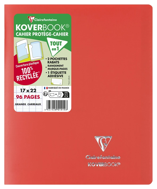 Clairefontaine 951414C A Pack of 10 Red Koverbook Stapled Notebooks - 17x22 cm - 96 Seyes Ruled Pages - White Paper 90 g - Opaque Recycled Polypro Cover