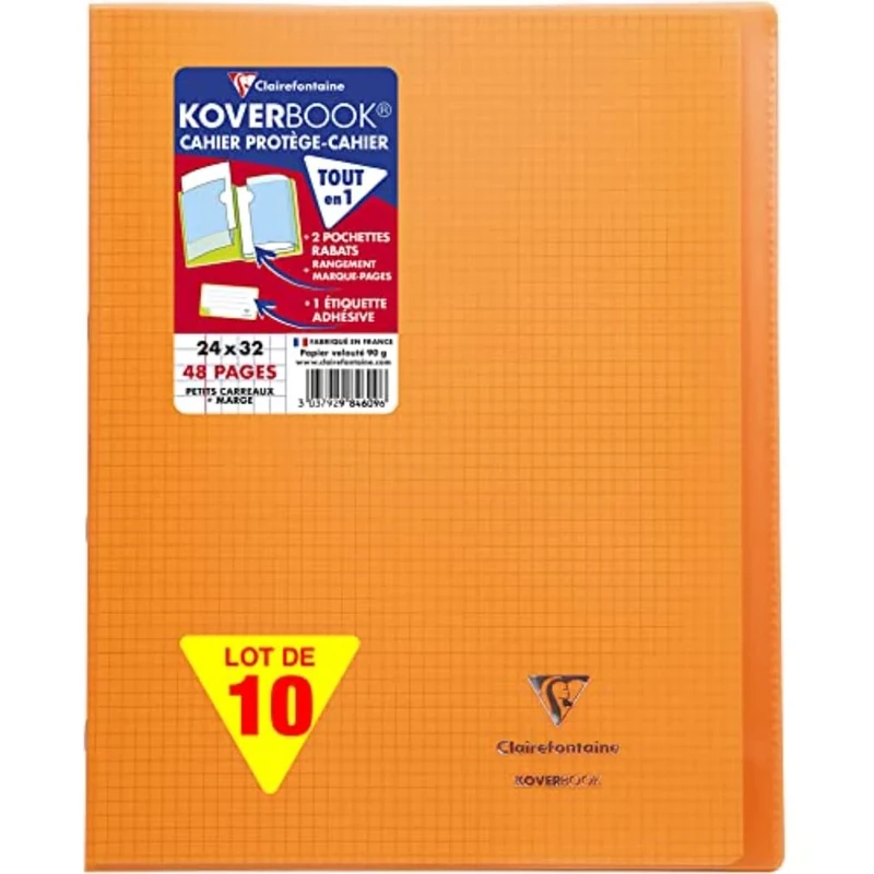 Clairefontaine 984609C A Set of 10 Orange Koverbook Stapled Notebooks - 24x32 cm - 48 Small Square Pages with Margin - White Paper 90 g - Polypro Cover