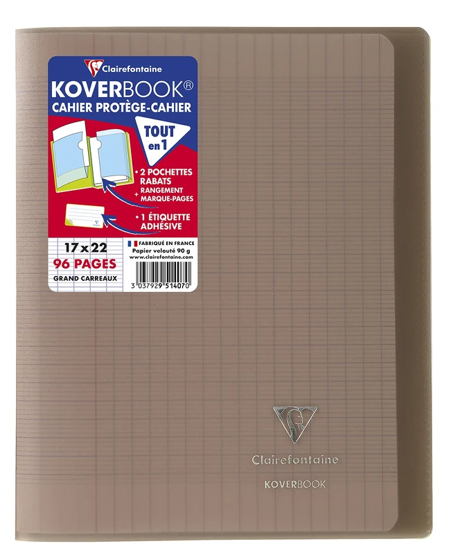 Clairefontaine 951407C - One Pack of 10 Stapled Notebooks Koverbook Grey - Dimensions: 17x22 cm - 96 Seyes Ruled Pages - White Paper 90 g - Polypro Cover