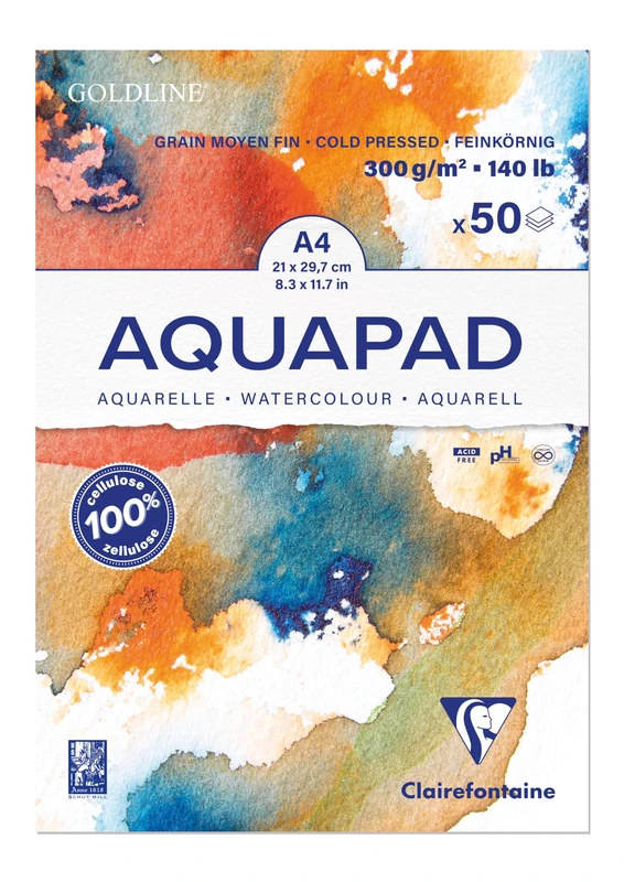 Clairefontaine 975721C Bloc Encollé Goldline Aquapad - 50 Feuilles Papier Aquarelle Blanc Grain Moyen Fin A4 21x29,7 cm 300g - Paquet de 3 blocs