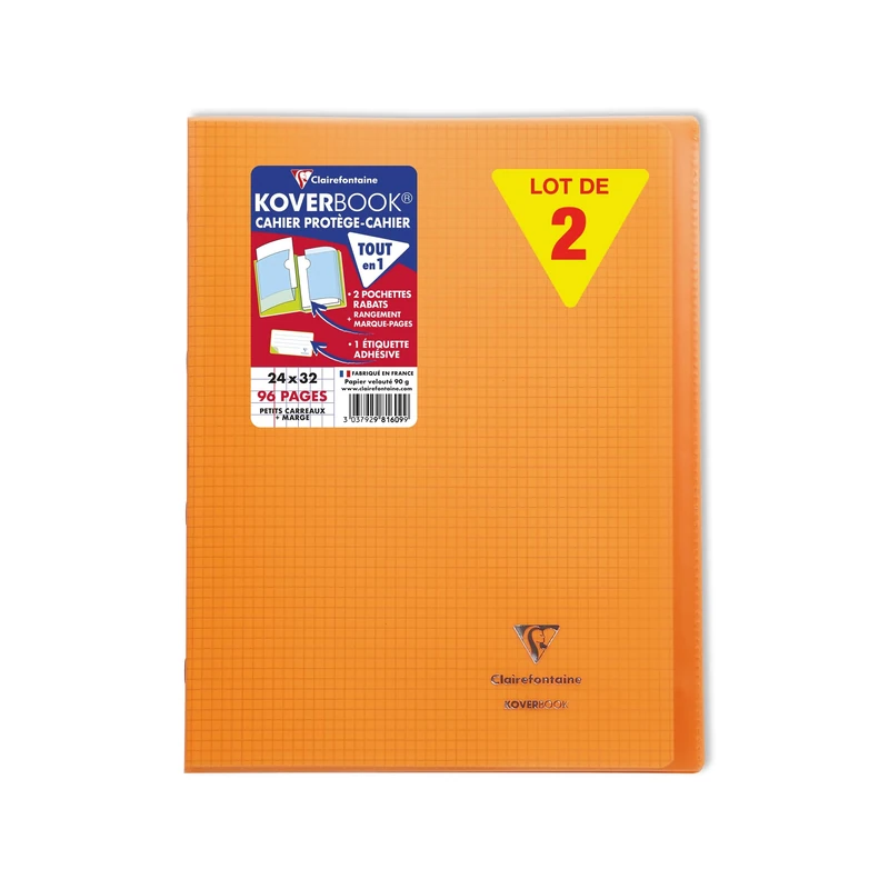 Clairefontaine 981609C A Set of 10 Orange Koverbook Stapled Notebooks - 24x32 cm - 96 Small Square Pages with Margin - White Paper 90 g - Polypro Cover