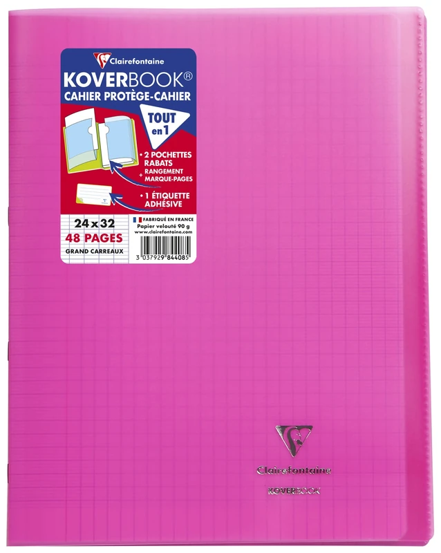 Clairefontaine 984408C - One Pack of 10 Stapled Notebooks Koverbook Pink - Dimensions: 24x32 cm - 48 Seyes Ruled Pages - White Paper 90 g - Polypro Cover