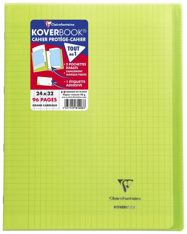 Clairefontaine 981403C - One Set of 10 Green Koverbook Stapled Notebooks - Dimensions: 24x32 cm - 96 Seyes Ruled Pages - White Paper 90 g - Polypro Cover