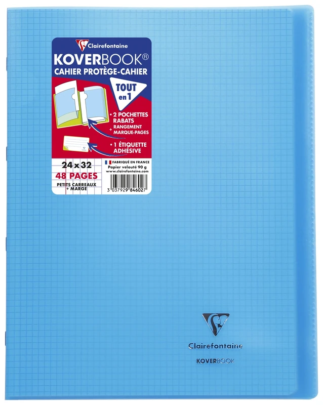 Clairefontaine 984602C - One Set of 10 Blue Koverbook Stapled Notebooks - 24x32 cm - 48 Small Square Pages with Margin - White Paper 90 g - Polypro Cover
