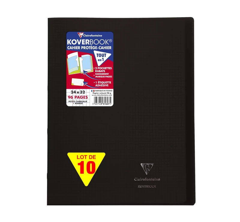 Clairefontaine 981607C A Pack of 10 Stapled Notebooks Koverbook Grey - 24x32 cm - 96 Pages Small Squares with Margin - White Paper 90 g - Polypro Cover
